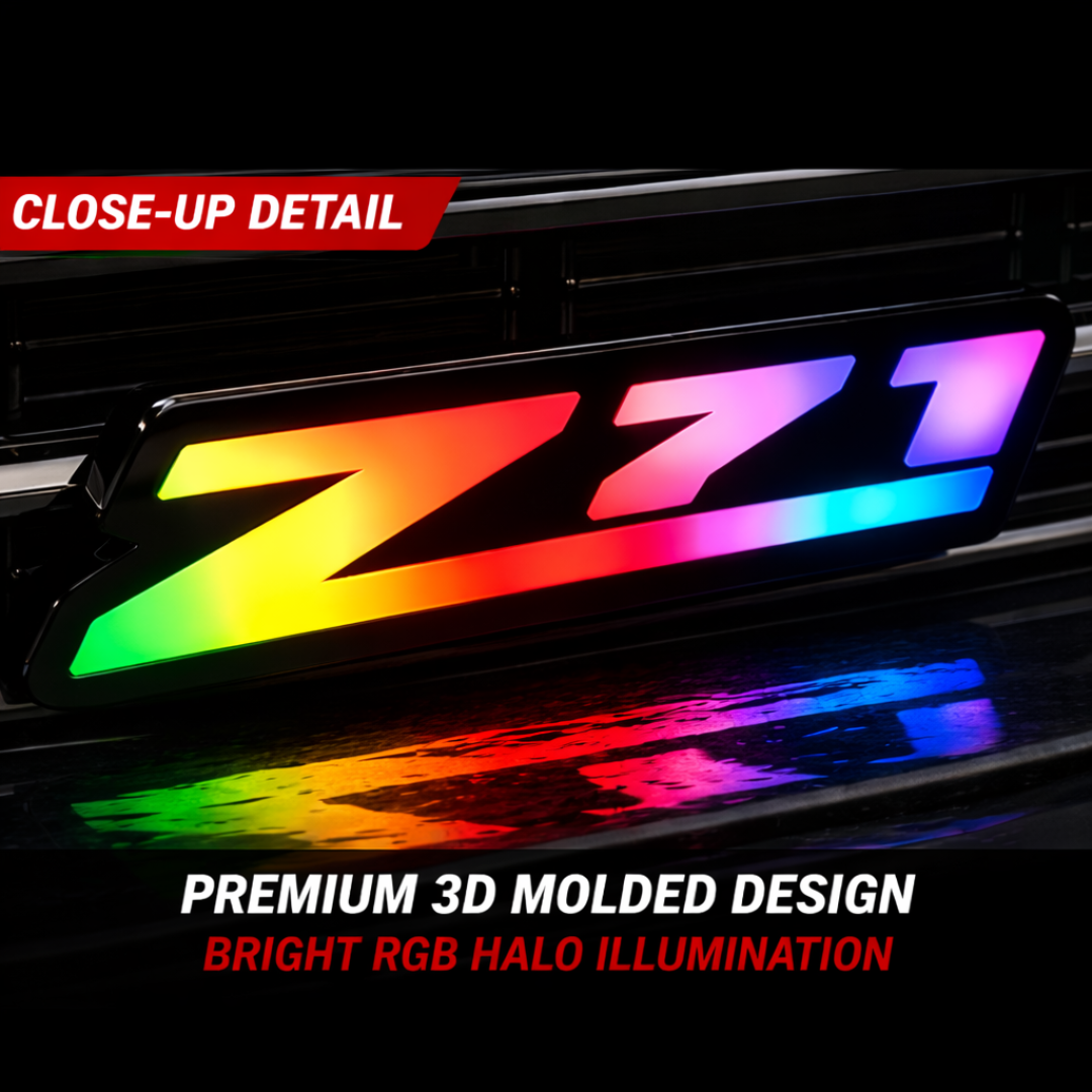 Close-up of AutoJeweler RGB Z71 LED grille emblem showing premium 3D molded design and bright multicolor halo illumination
