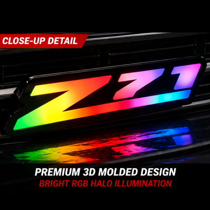 Close-up of AutoJeweler RGB Z71 LED grille emblem showing premium 3D molded design and bright multicolor halo illumination