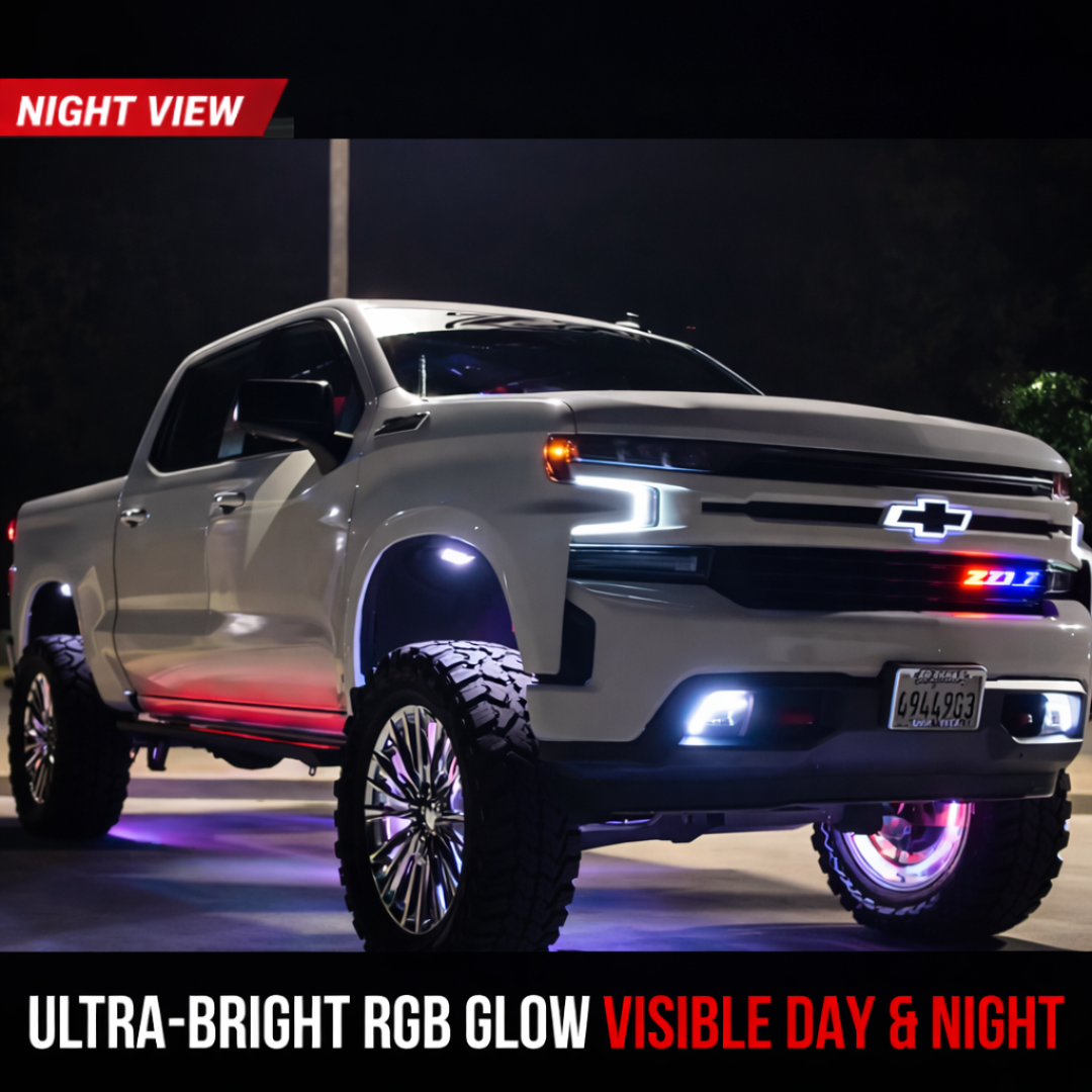 Chevy Silverado with AutoJeweler RGB Z71 LED grille emblem glowing at night showing ultra bright multicolor illumination