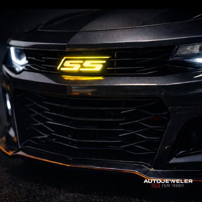 Camaro SS LED grille emblem illuminated in amber yellow color