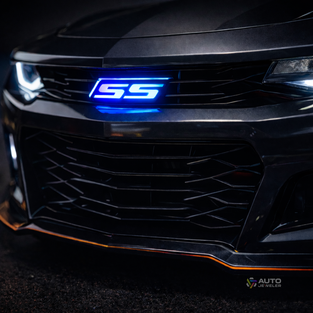 Camaro SS LED grille emblem illuminated in blue color
