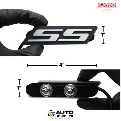 Camaro SS LED grille emblem showing dimensions and rear mounting hardware