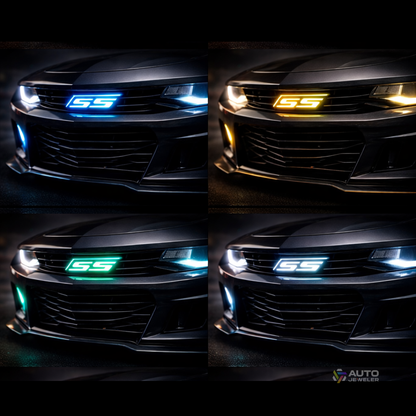 Chevy Camaro SS RGB Flow Series grille emblem showing blue, amber, green, and white LED color modes installed on front grille