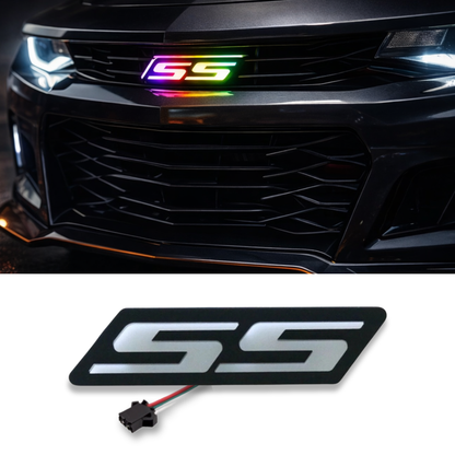 Chevy Camaro SS RGB Flow Series LED grille emblem shown installed on the grille and product close-up (emblem only)