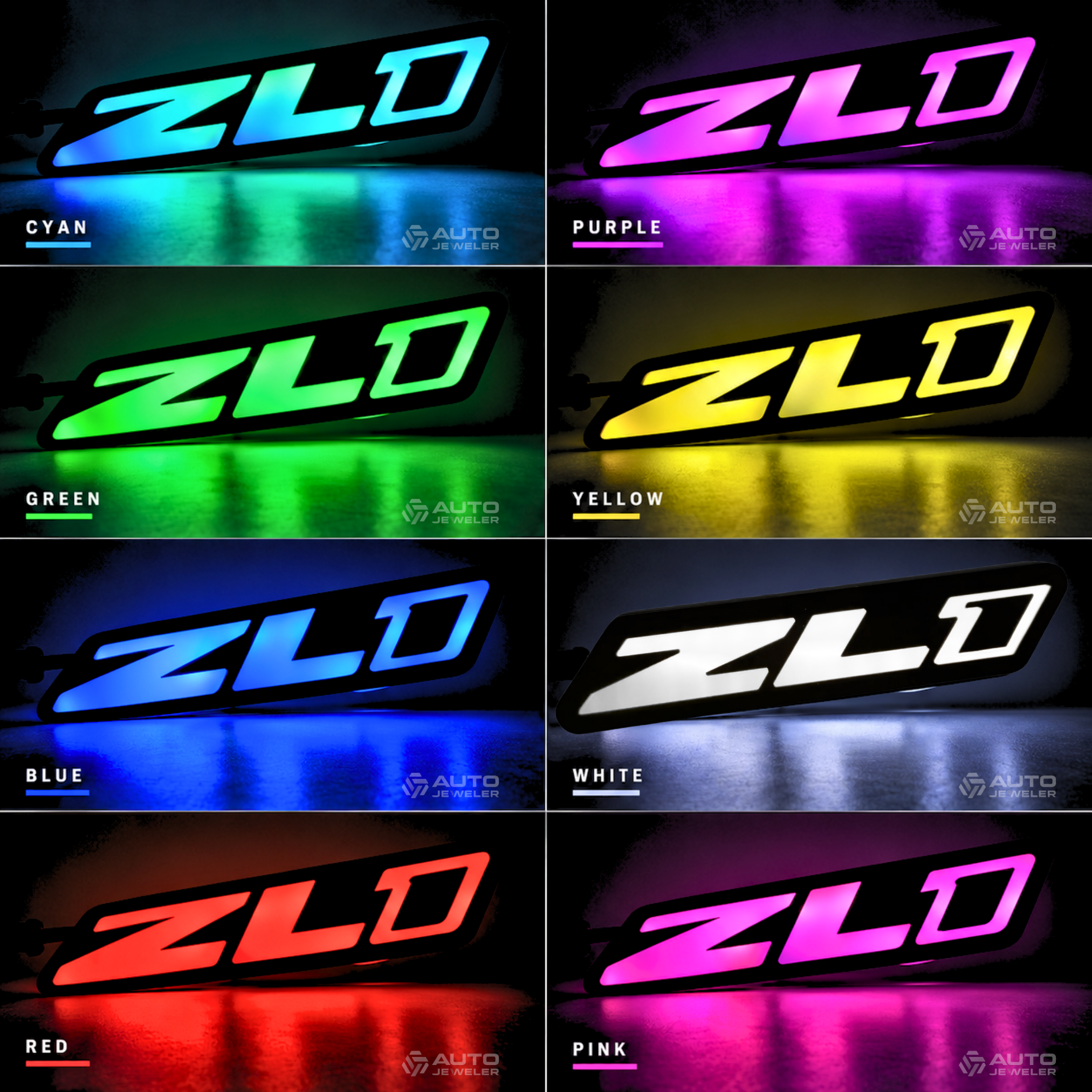 Camaro ZL1 Gen 2 Flow Series LED emblem shown in cyan, purple, green, yellow, blue, white, red and pink