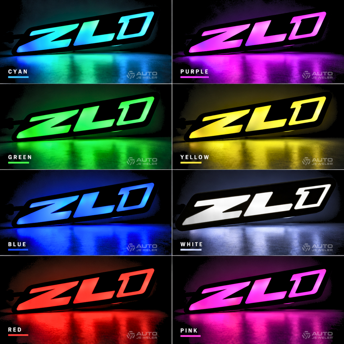 Camaro ZL1 Gen 2 Flow Series LED emblem shown in cyan, purple, green, yellow, blue, white, red and pink