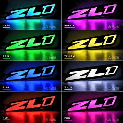 Camaro ZL1 Gen 2 Flow Series LED emblem shown in cyan, purple, green, yellow, blue, white, red and pink