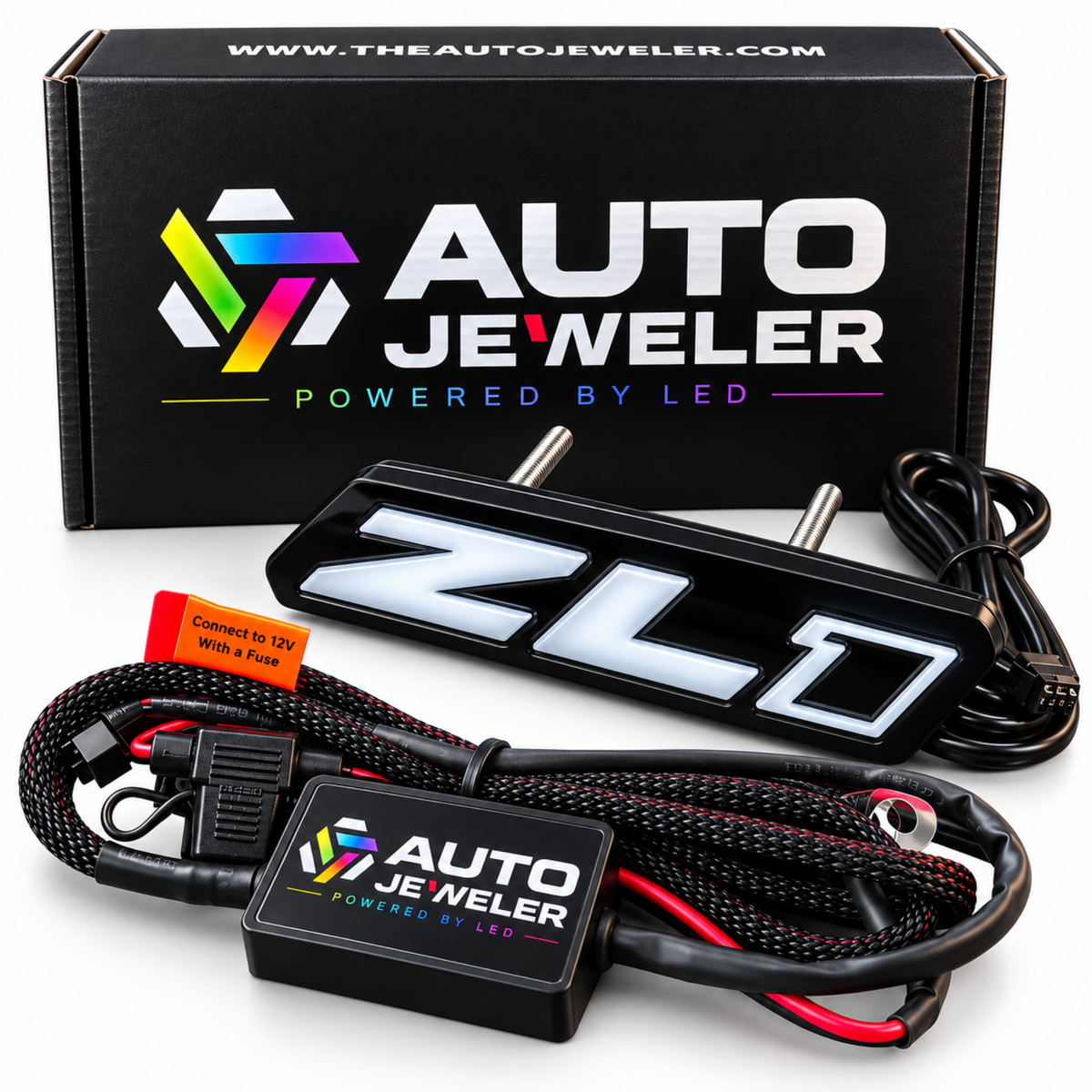 Camaro ZL1 Gen 2 Flow Series LED grille emblem complete kit with Bluetooth controller, wiring harness and mounting hardware