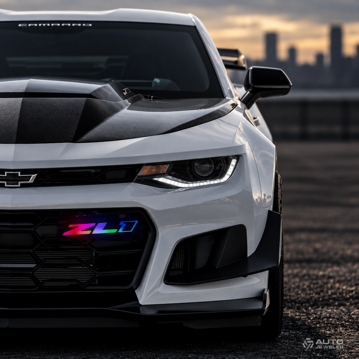 Camaro ZL1 Gen 2 Flow Series LED grille emblem displaying multicolor RGB lighting on white Camaro