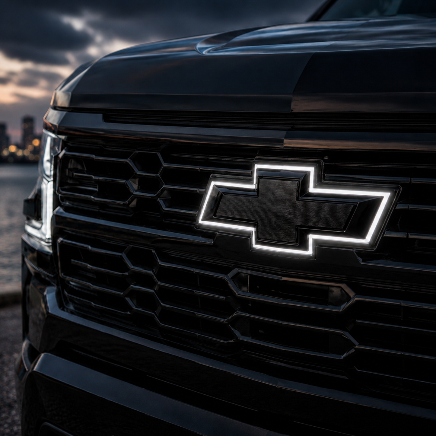 Close-up of a black Chevrolet Silverado grille with the gloss black bowtie and white LED halo illuminated.