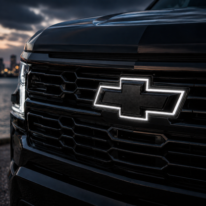 Close-up of a black Chevrolet Silverado grille with the gloss black bowtie and white LED halo illuminated.