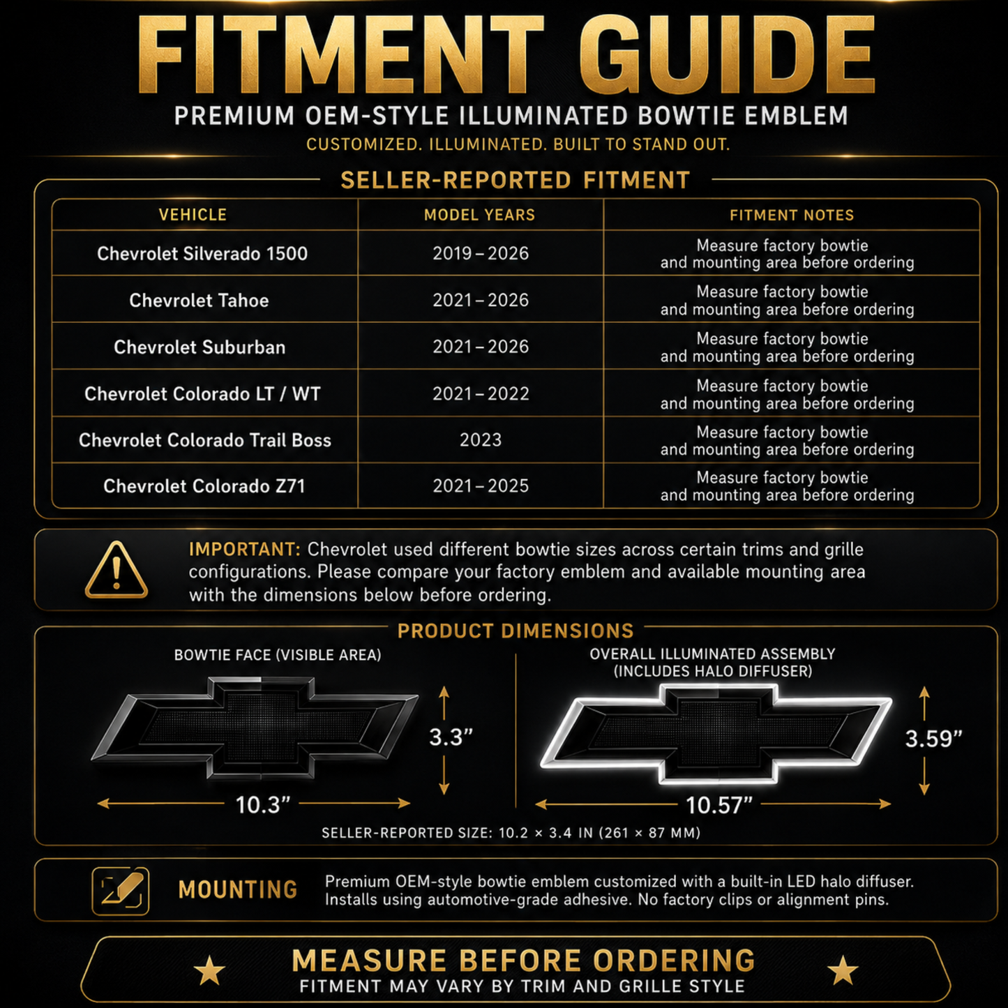 Fitment guide for select Chevrolet Silverado, Tahoe, Suburban, and Colorado models with emblem dimensions.