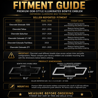 Fitment guide for select Chevrolet Silverado, Tahoe, Suburban, and Colorado models with emblem dimensions.
