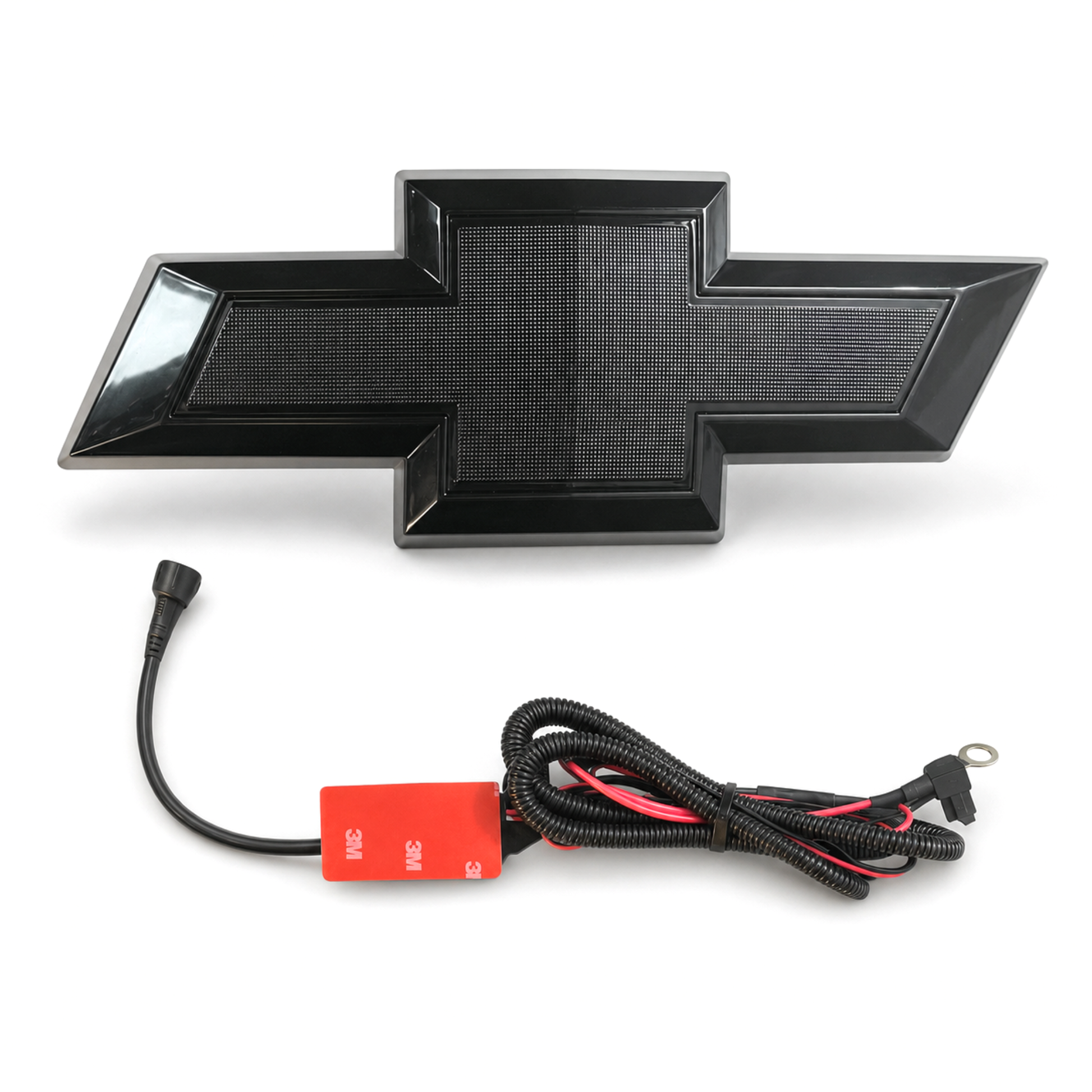 Gloss black Chevy bowtie grille emblem with waterproof connector and plug-and-play wiring harness.