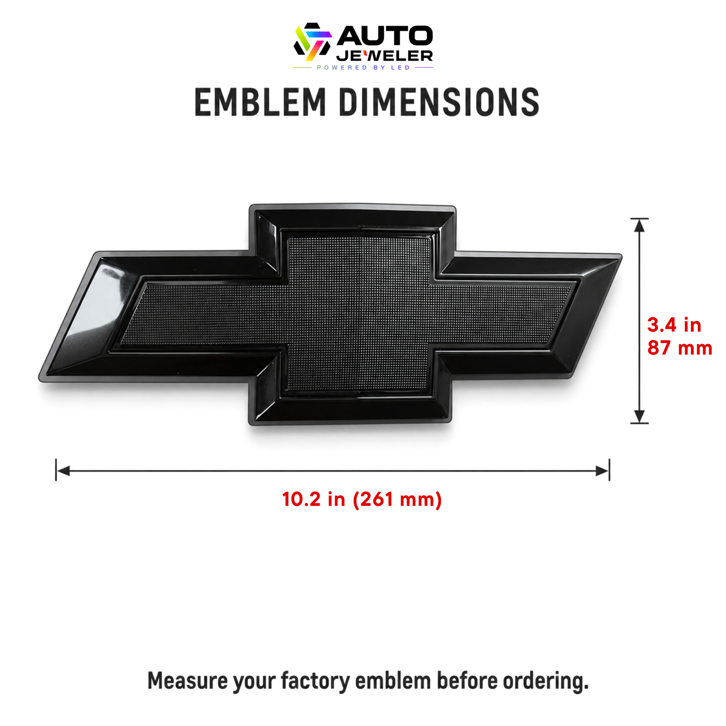 Dimensions graphic showing the Chevy bowtie emblem at 10.2 inches wide by 3.4 inches tall.