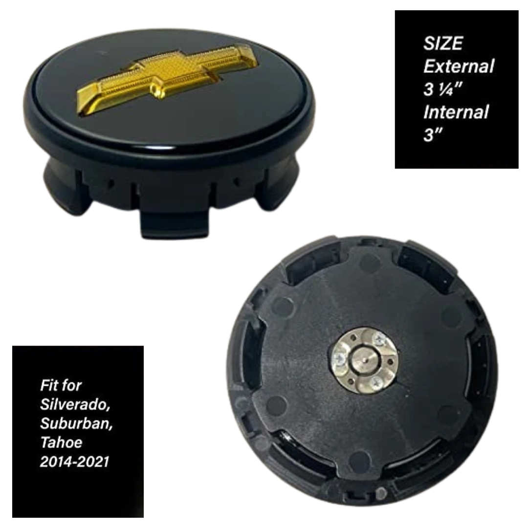 Dimensions and back view—83 mm (3.25") outer, ~76 mm (3") inner; snap-on design fits 2014–2021 Silverado/Suburban/Tahoe.