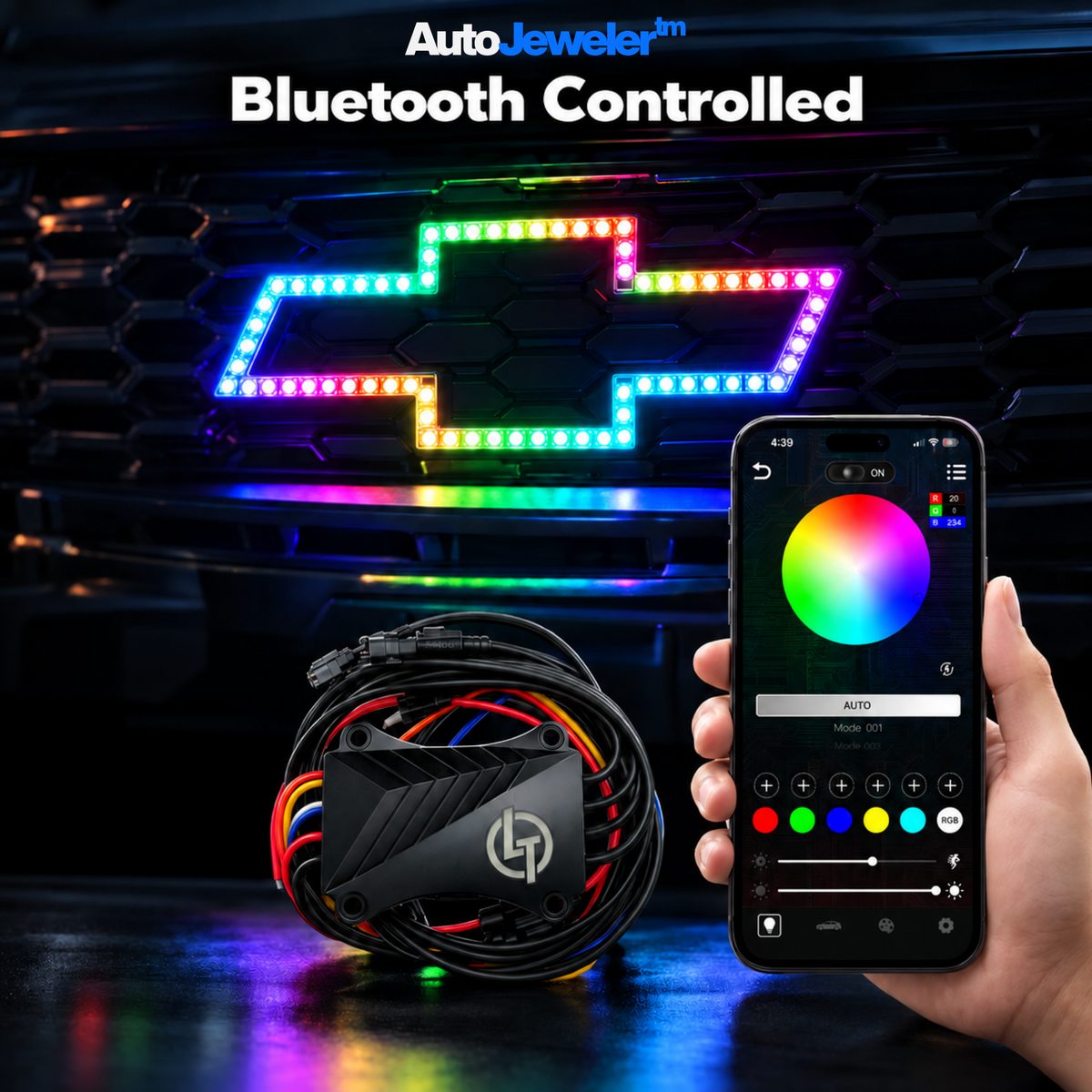 AutoJeweler Chevy Flow Series LED bowtie shown with Bluetooth app controller and smartphone color controls.