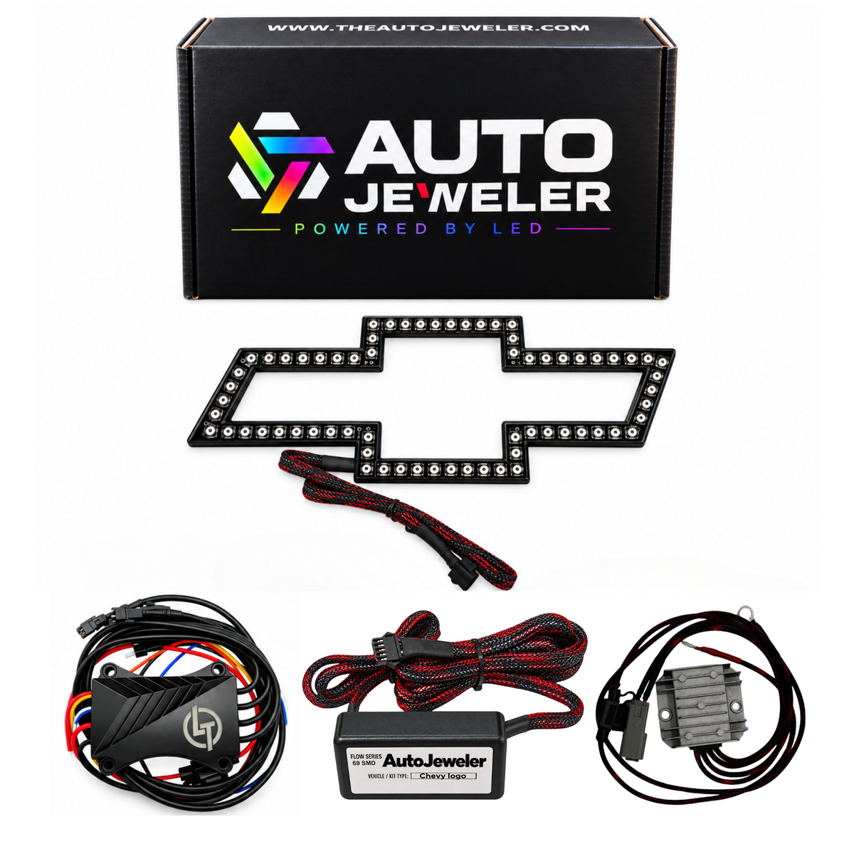 AutoJeweler Chevy Flow Series kit with LED bowtie emblem, Bluetooth Pro controller, driver, wiring, and branded box.