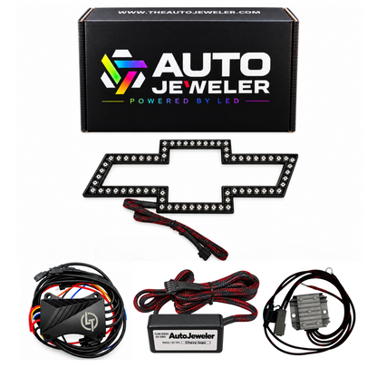 AutoJeweler Chevy Flow Series kit with LED bowtie emblem, Bluetooth Pro controller, driver, wiring, and branded box.