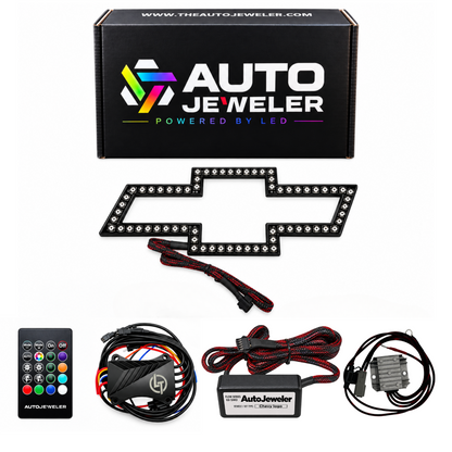 AutoJeweler Chevy Flow Series kit with LED bowtie emblem, Bluetooth Pro controller, RF remote, driver, wiring, and box.