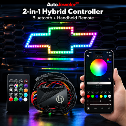 AutoJeweler Chevy Flow Series LED bowtie with Bluetooth controller, smartphone app, and handheld RF remote.