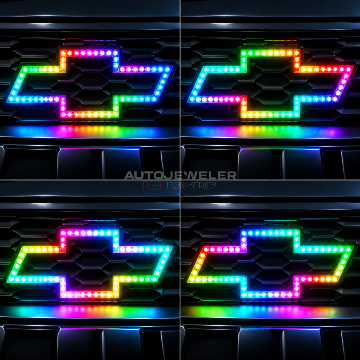 Four lighting patterns shown on the AutoJeweler Chevy Flow Series LED bowtie emblem.