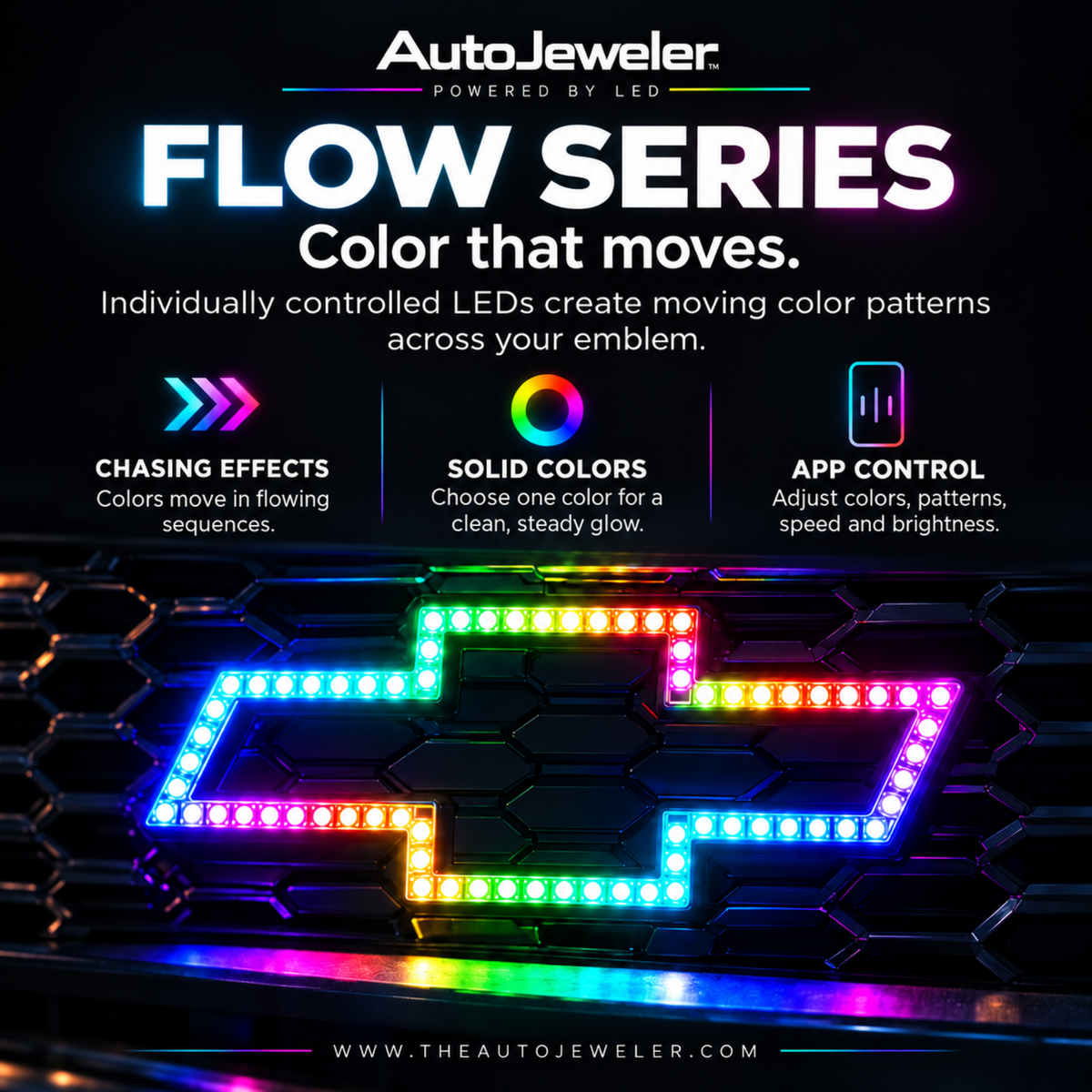 AutoJeweler Flow Series Chevy LED bowtie feature graphic showing chasing effects, solid colors, and app control.