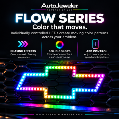 AutoJeweler Flow Series Chevy LED bowtie feature graphic showing chasing effects, solid colors, and app control.