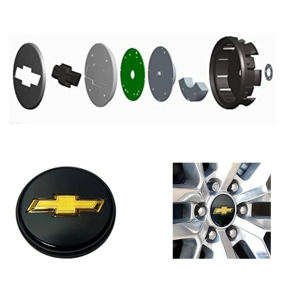Exploded view, single cap, and on-wheel photo of 83 mm illuminated Chevrolet bowtie wheel center cap (gold on black), snap-on fit for 2014–2021 Silverado, Suburban, and Tahoe.