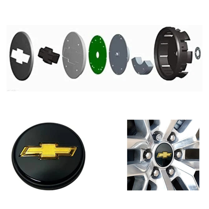 Exploded view, single cap, and on-wheel photo of 83 mm illuminated Chevrolet bowtie wheel center cap (gold on black), snap-on fit for 2014–2021 Silverado, Suburban, and Tahoe.