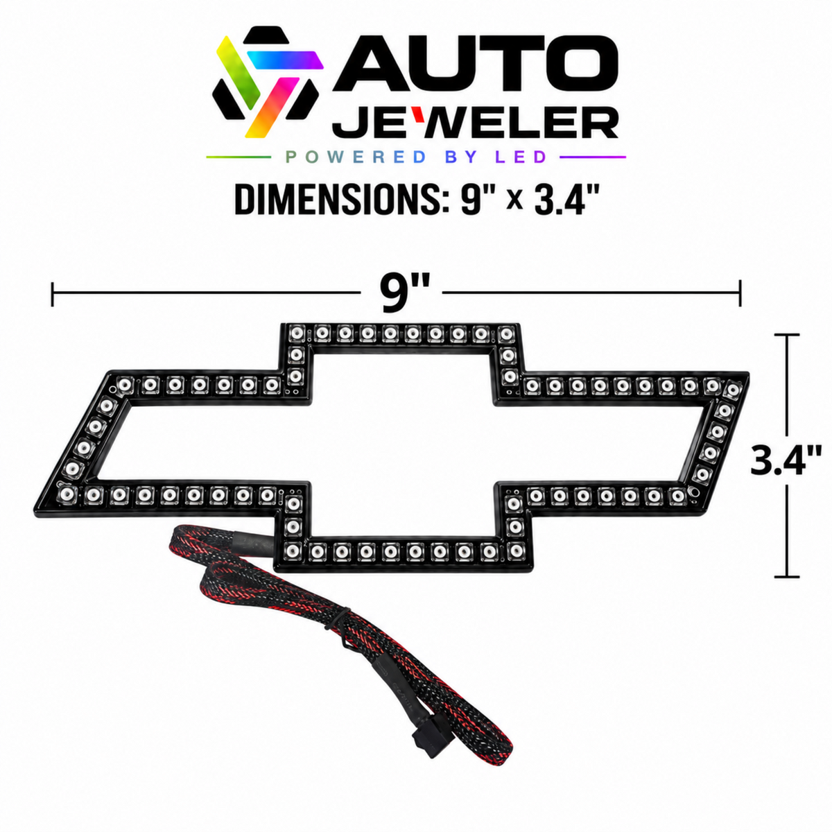 AutoJeweler Chevy LED bowtie emblem dimension chart showing 9 inches wide by 3.4 inches tall.