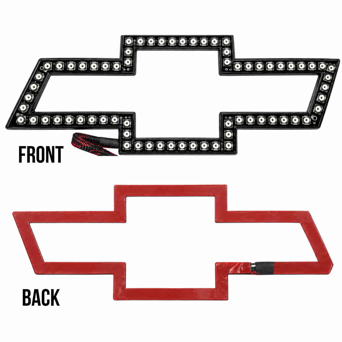 Front LED face and rear adhesive backing of the AutoJeweler Chevy illuminated bowtie emblem.
