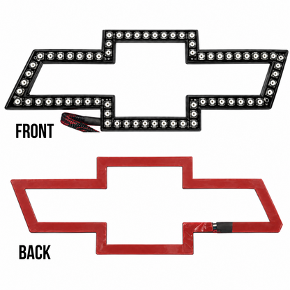 Front LED face and rear adhesive backing of the AutoJeweler Chevy illuminated bowtie emblem.