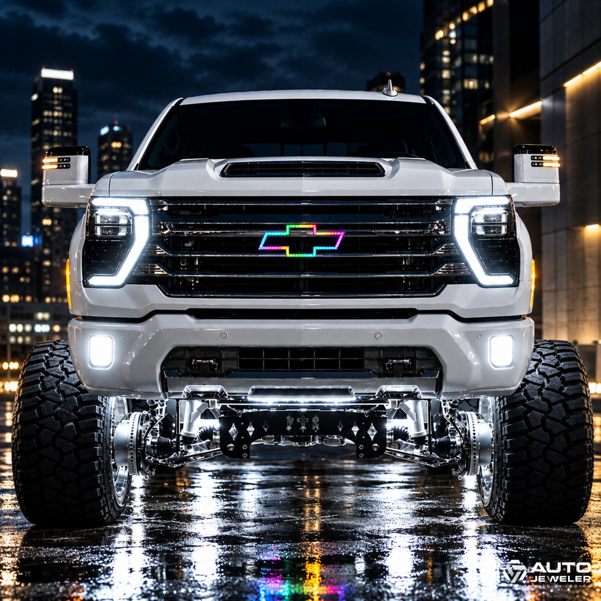 White Chevrolet truck with AutoJeweler multicolor LED bowtie emblem illuminated in the front grille at night.