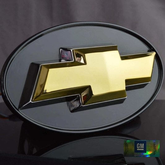 Chrome Chevrolet bowtie LED hitch receiver cover front view officially licensed product