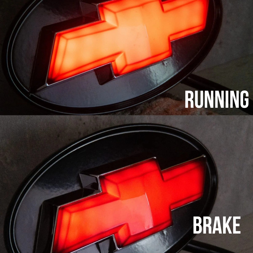 Chevrolet LED hitch receiver cover showing running light and brake light brightness comparison