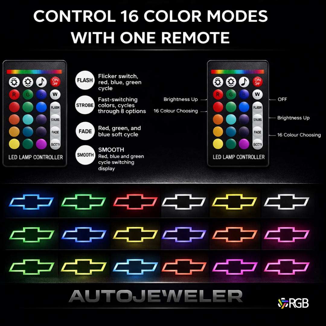 Chevy RGB grille emblem displaying 16 color modes controlled by remote including red, blue, green, white, and multi color effects