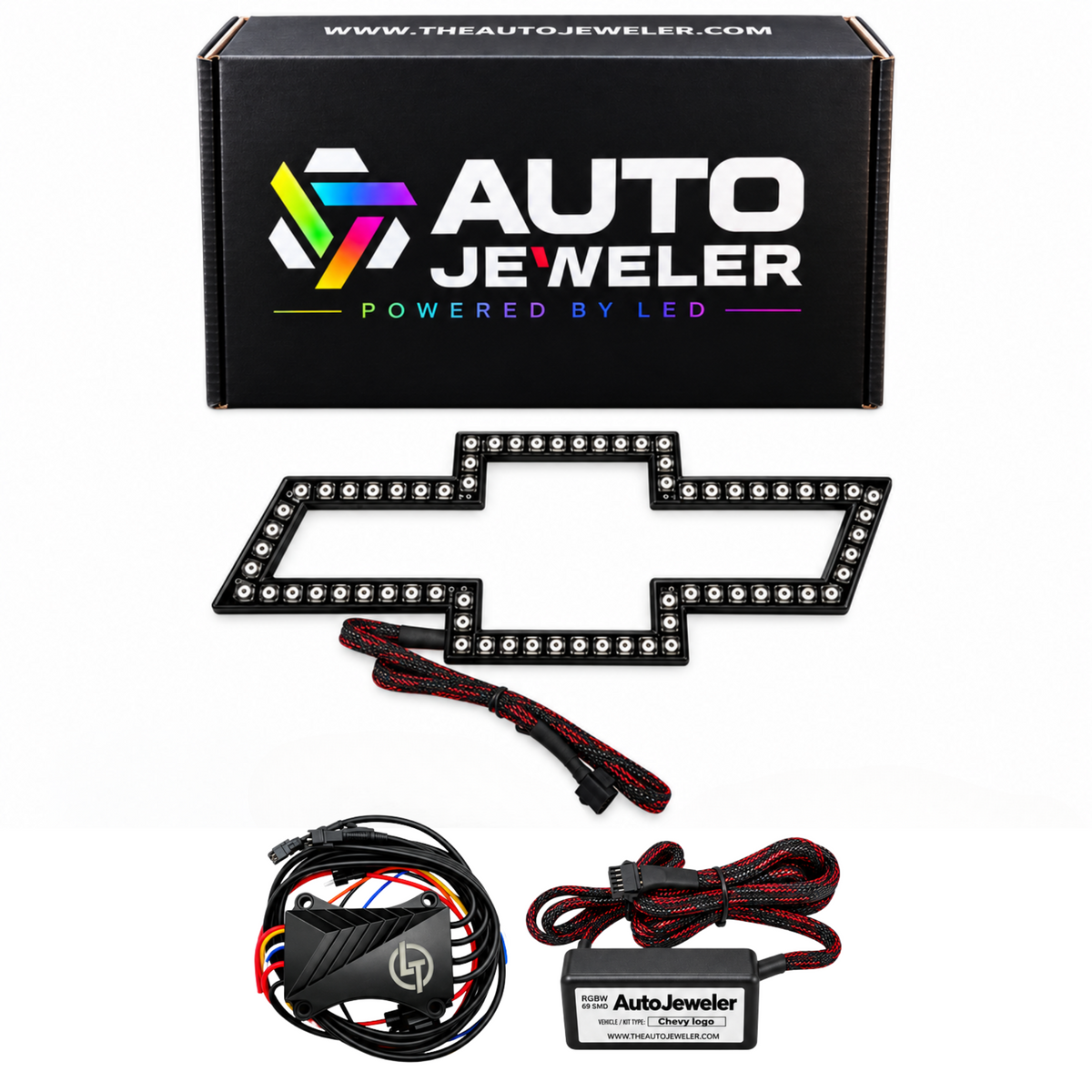 AutoJeweler Chevy RGBW kit with LED bowtie emblem, Bluetooth Pro controller, RGBW driver, wiring, and branded box.