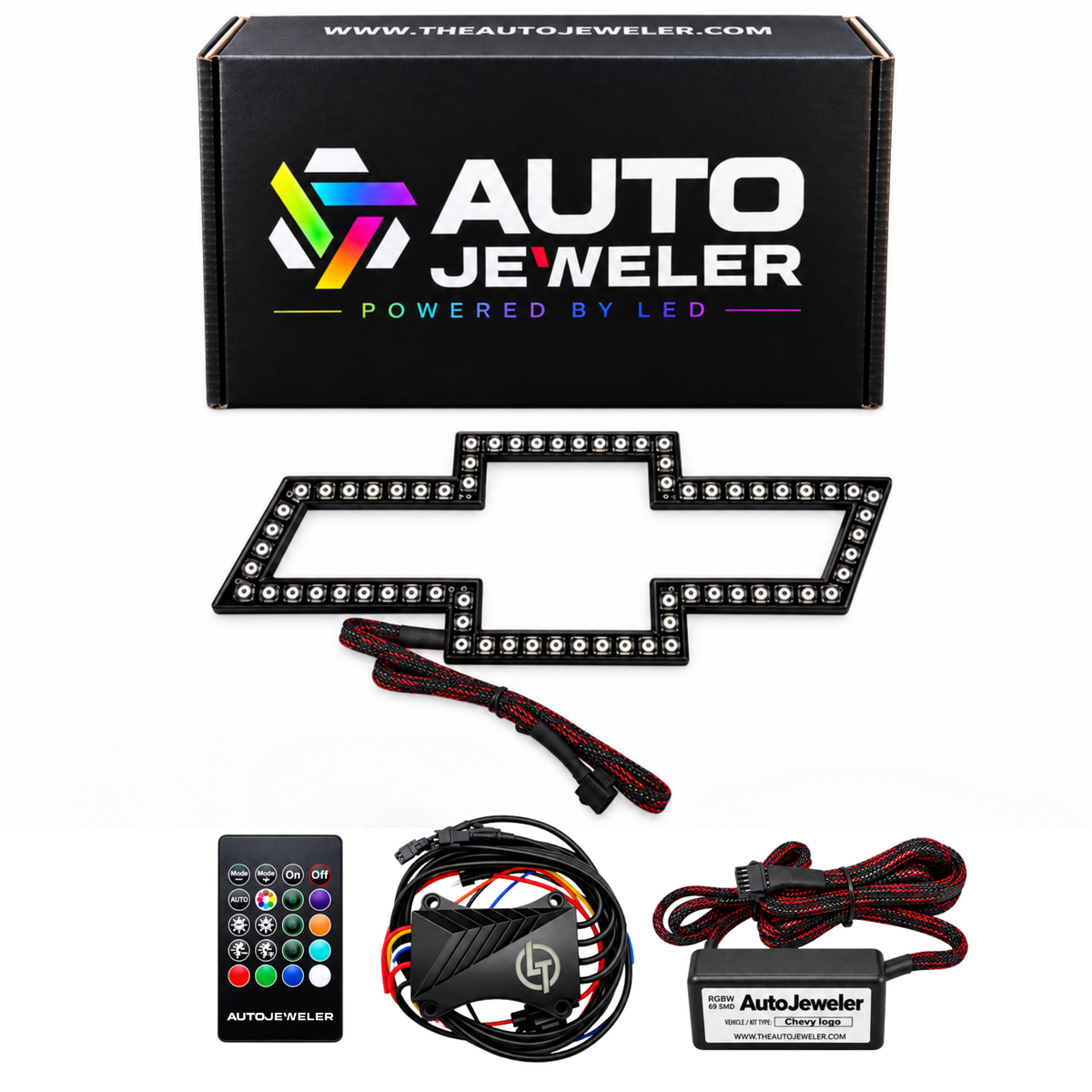 AutoJeweler Chevy RGBW kit with LED bowtie emblem, Bluetooth Pro controller, RF remote, RGBW driver, wiring, and box.