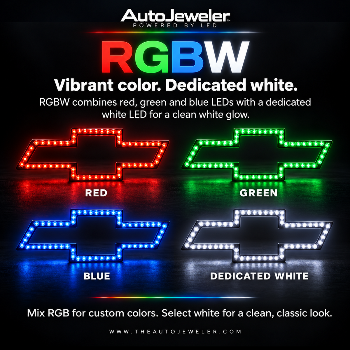 AutoJeweler RGBW Chevy LED bowtie color guide showing red, green, blue, and dedicated white illumination.