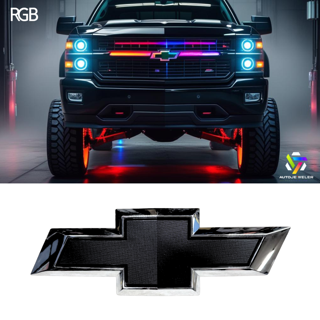 Chevy truck with RGB lighting effects and a close-up of the Chevrolet logo.