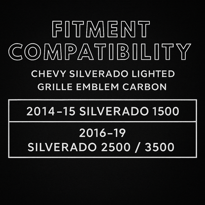 Fitment chart: 2014–2015 Silverado 1500; 2016–2019 Silverado 2500/3500 for chrome/carbon emblem.