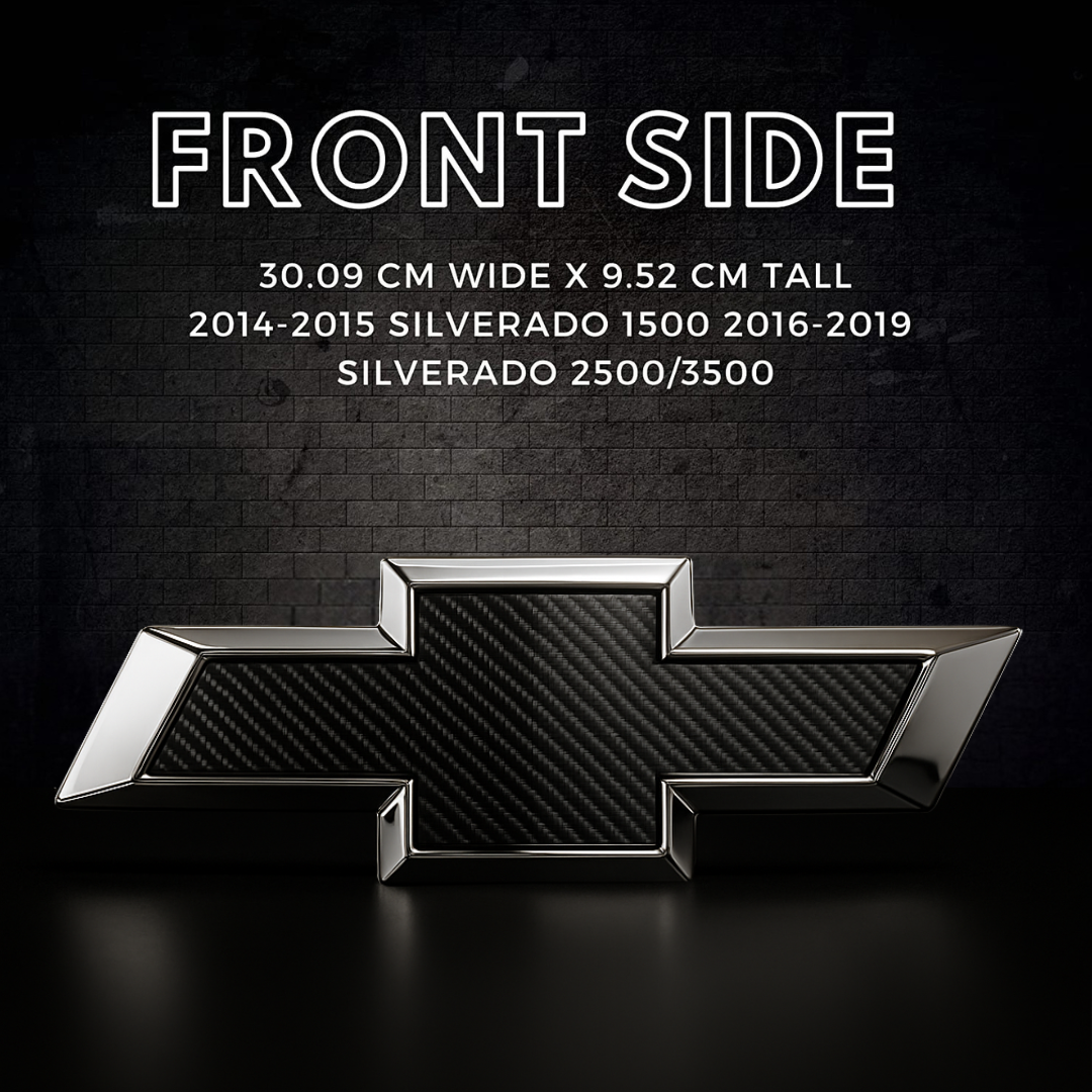 Front-side dimensions graphic for Chevy Silverado chrome/black carbon lighted grille emblem.