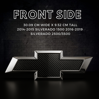 Front-side dimensions graphic for Chevy Silverado chrome/black carbon lighted grille emblem.