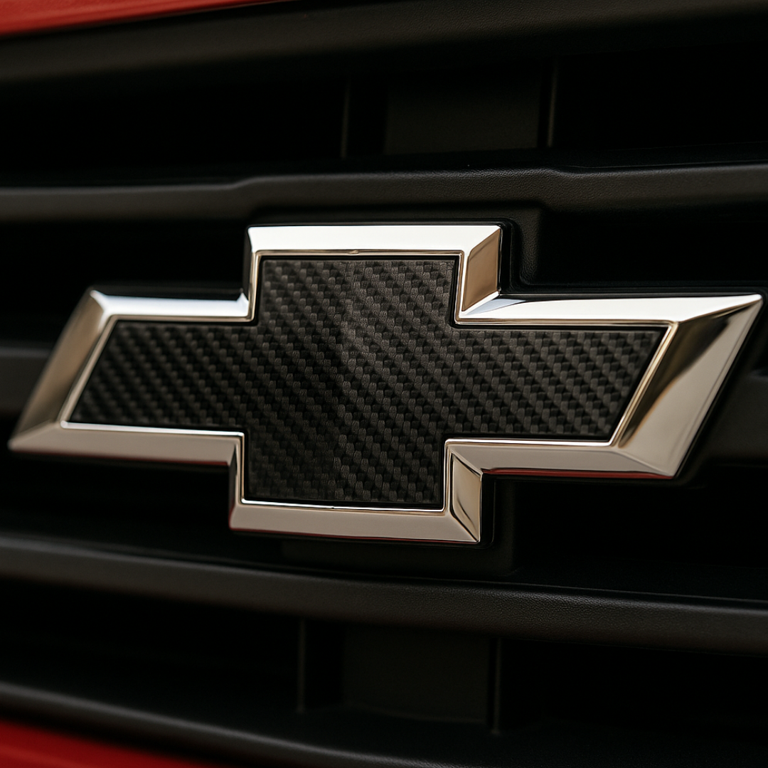 Close-up of chrome/black carbon Chevy bowtie emblem installed in grille, power off.