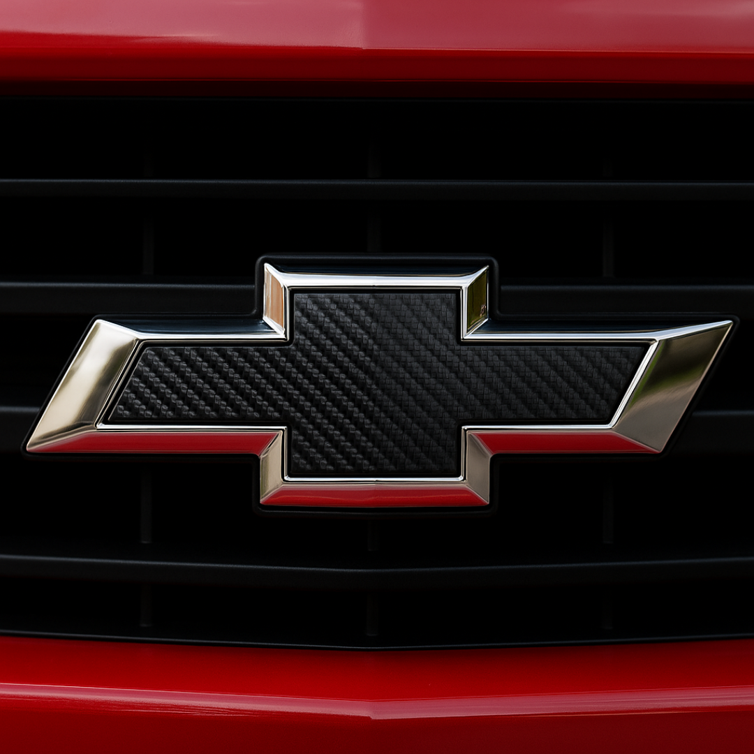 Front view of Chevy Silverado grille with chrome/black carbon bowtie emblem, power off.