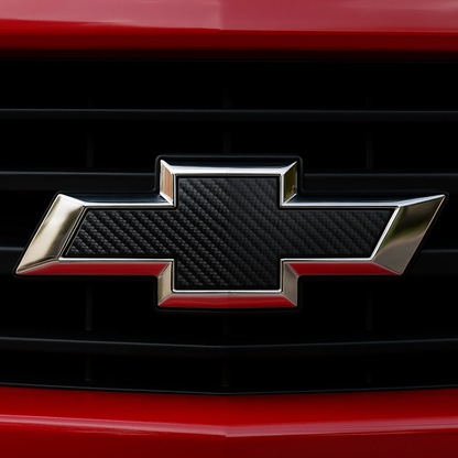 Front view of Chevy Silverado grille with chrome/black carbon bowtie emblem, power off.