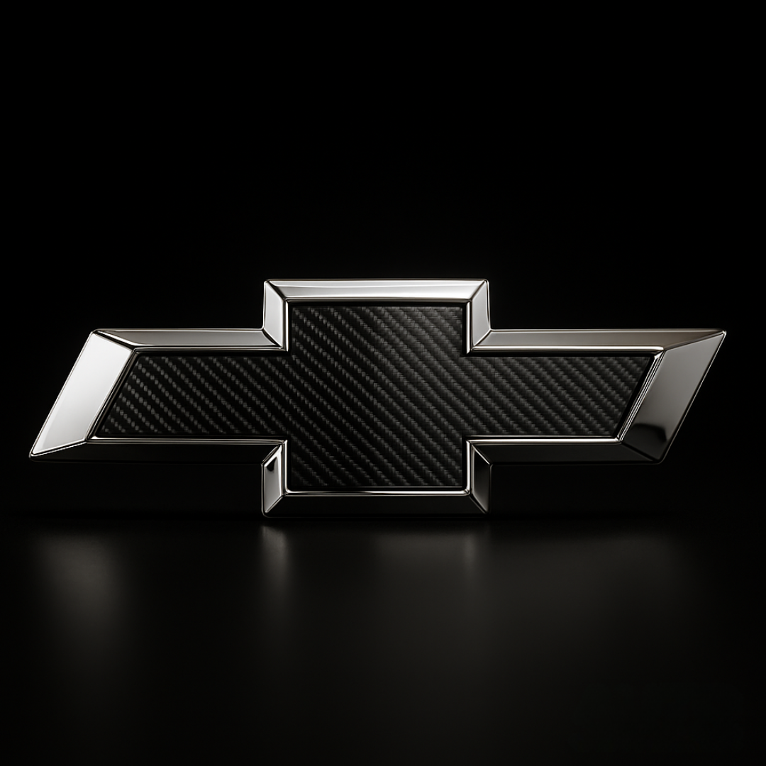chrome/black carbon Chevy bowtie grille emblem on black studio background, powered off.