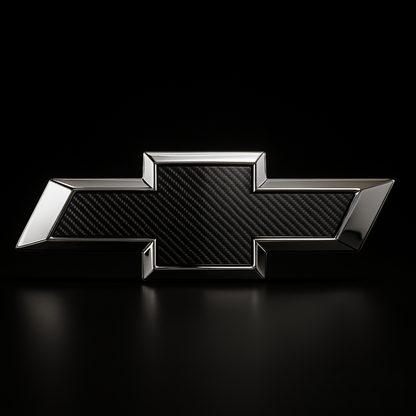chrome/black carbon Chevy bowtie grille emblem on black studio background, powered off.