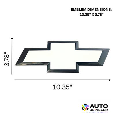 AutoJeweler Chevy Silverado RGB LED Bowtie Grille Emblem with dimensions 10.35 inches by 3.78 inches.